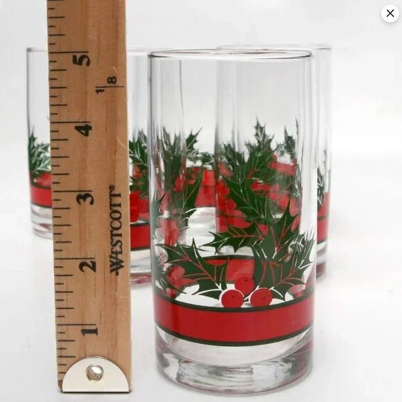 Vintage Libbey Holly & Berries Christmas Drinking Glasses Holidays Green Red x 6 - Picture 9 of 13